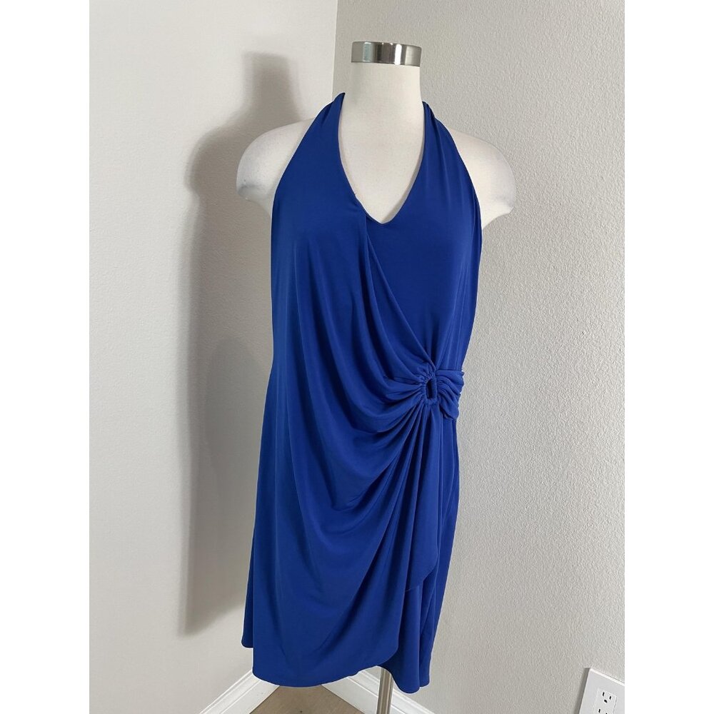 Tommy Bahama Dress Womens Medium Blue Halter Ruched Ring Front Jersey Sundress